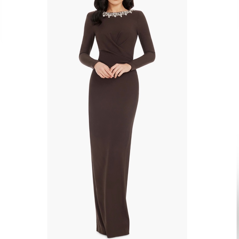 Dress the Population Brown Anne Embellished Long Sleeve Column Gown - Reemoly